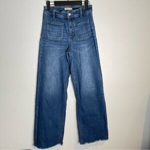 Oat New York High Rise Wide Leg Raw Hem Jeans Patch Pocket Dark Wash Size 0/25